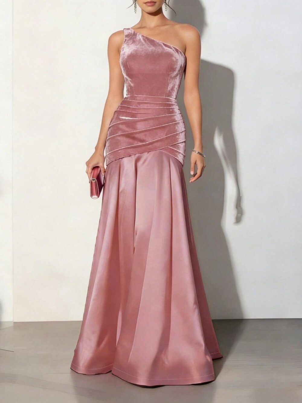 Pink Elegant One shoulder Velvery Stain mix Formal Maxi dress